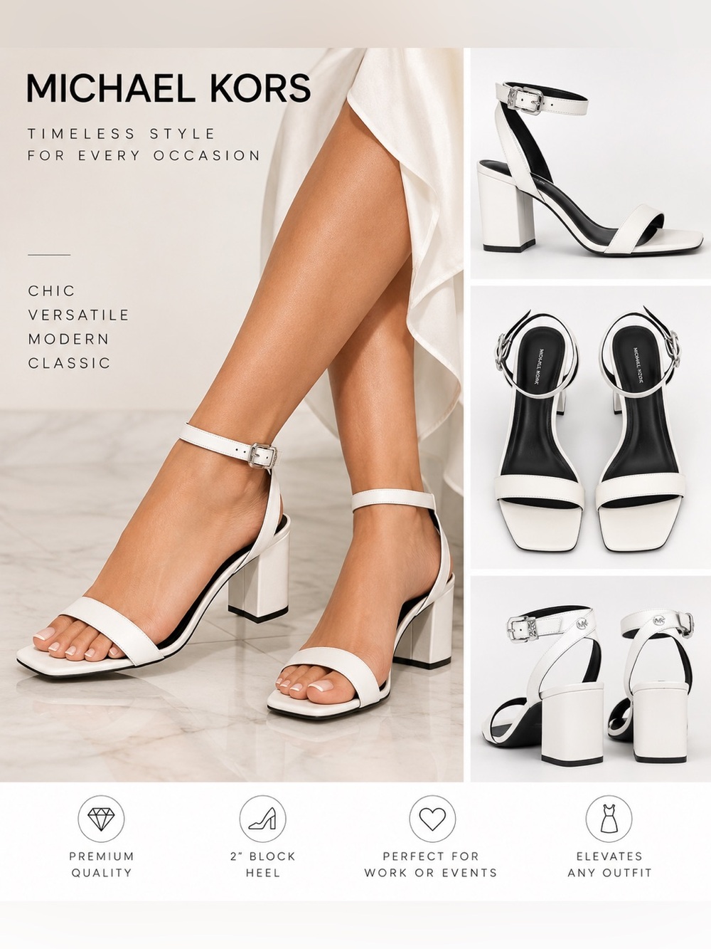 Michael Kors White Black Ankle Strap Block Heel Sandals Size 7.5 NWT